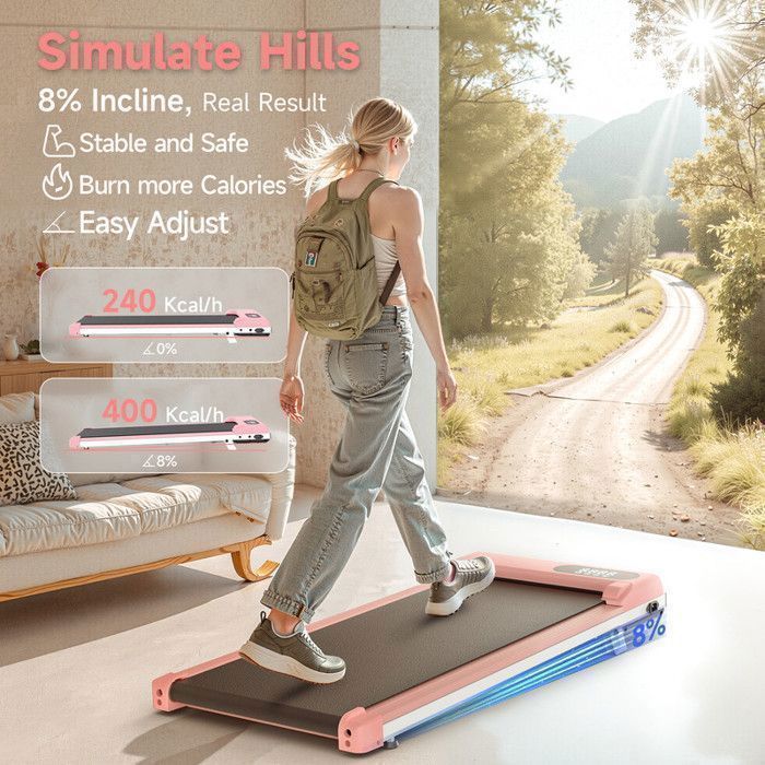 Tapis de course avec 8% d'inclinaison - 3 en 1 Tapis de marche bis 130KG - 1-8 km/h réglable - Surface 38.5 x 90 cm - Rose