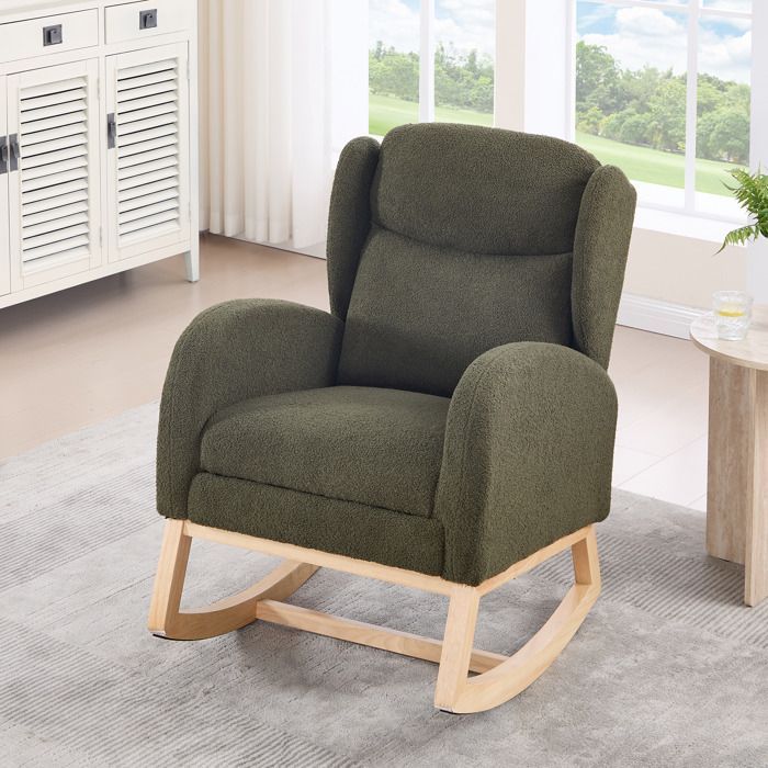 Mecedora moderna, silla de lactancia con reposapiés y estructura de madera, tela Teddy, verde