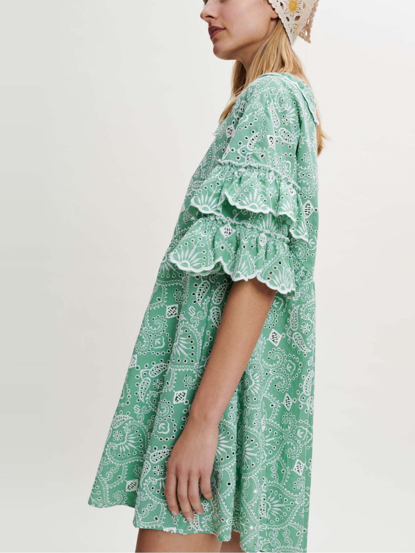 Rochie din bumbac brodată - Vert clair