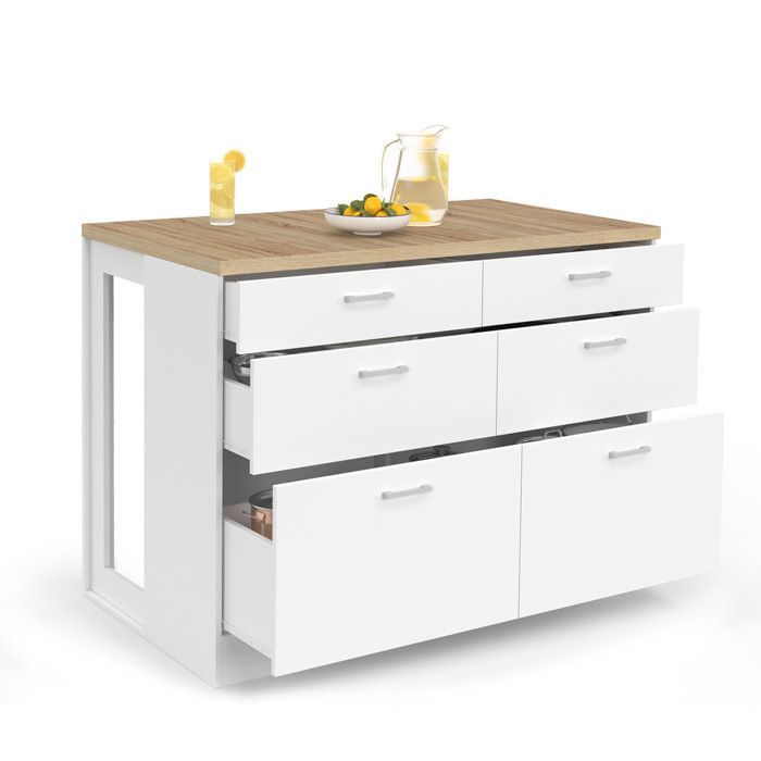 IDMARKET Ilot central mange-debout ORSO 120 cm casserolier 6 tiroirs blanc et plateau bois