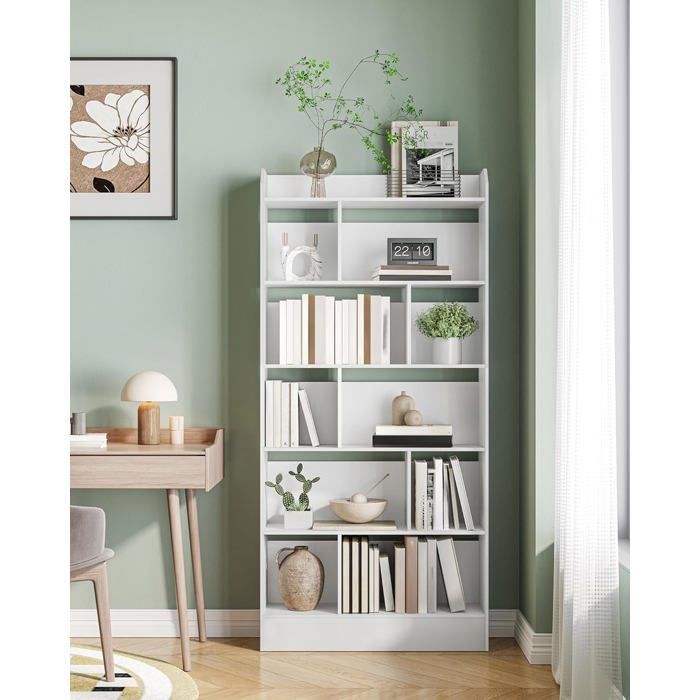 Estantería de 6 niveles, mueble para libros, separador de ambientes, para salón, dormitorio u oficina, 24 x 80 x 170 cm, blanca.