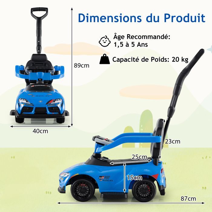 GIANTEX Cochecito Toyota 3 en 1 para niños, ideal para bebés de 1,5 a 5 años, con manillar extraíble, música y capacidad de carga de 20 kg (azul).