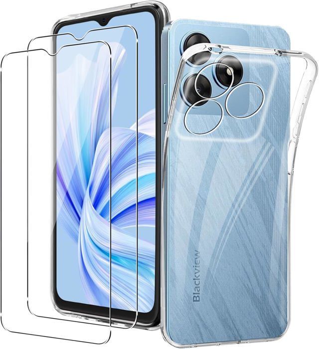 Capa para Blackview Wave 8C/Wave 8/Oscal Flat 2 + [2 peças] Película de vidro temperado, [À prova de choque] Capa protetora transparente de silicone