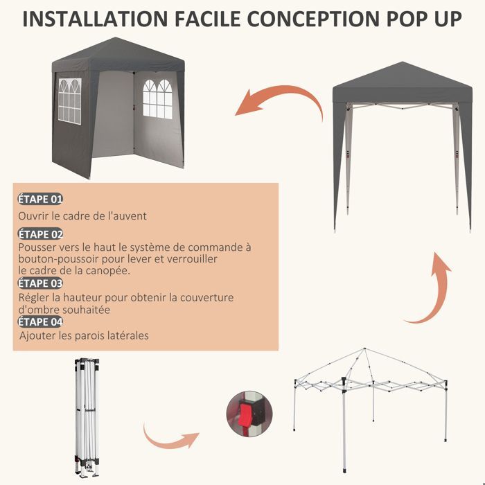 Tonnelle de jardin - Outsunny - pliante pop-up réception réglable anti-UV 3 parois 4 sacs - acier - 2x2m - gris