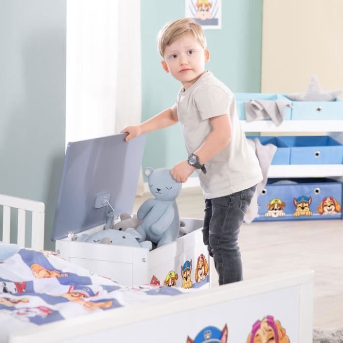 Cofre de juguetes de madera ROBA Paw Patrol - Tapa con bisagras - Diseño de perro - Gris - Blanco