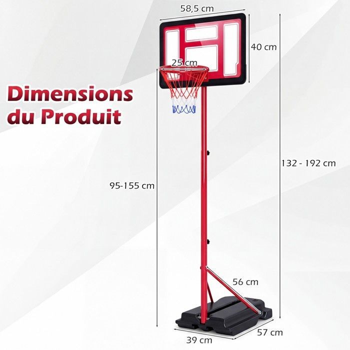 COSTWAY 95-155CM Vrijstaande basketbalring - Steun, verzwaarde voet, vulbaar - Metalen ring met net - Hoogwaardig achterbord