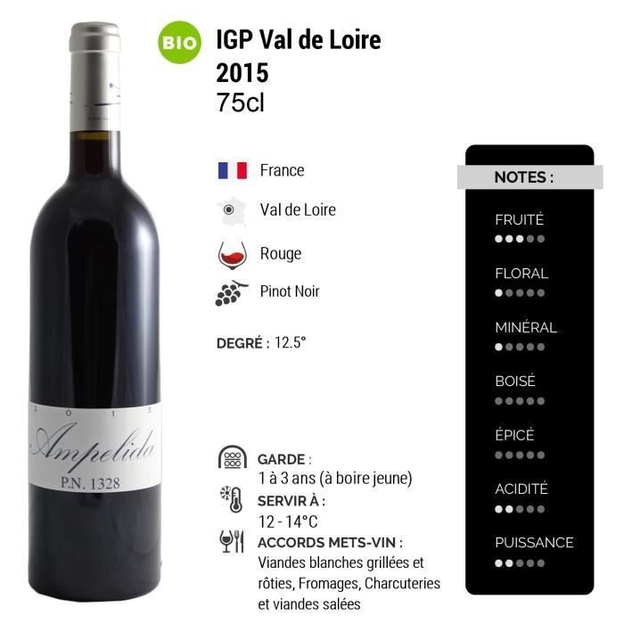 Val de Loire PN1328 Pinot Noir Rouge 2015 - Bio - Lot de 6x75cl - Vins Ampelidae - Vin IGP Rouge du Val de Loire - Cépage Pinot