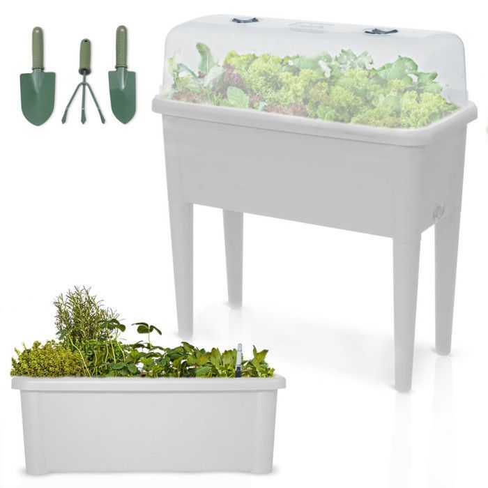 Carré potager sur pied plastique Blanc avec couvercle 76x 66x37cm Jardinière surélevée