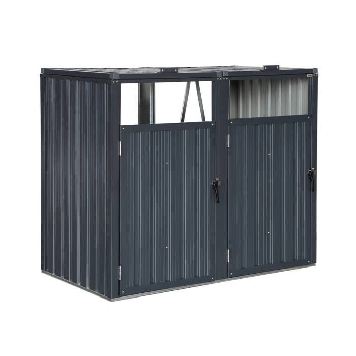 Cache poubelle gris en acier galvanisé. 2 places L 146 x P 82 x H 124 cm