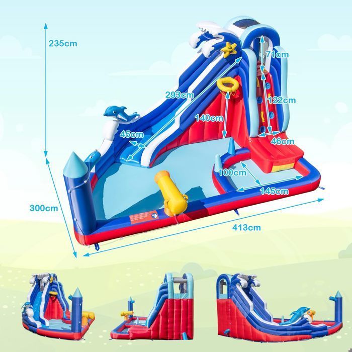 DREAMADE 6-in-1 Inflatable Castle for Children with Slide, Pool, Water Cannon, Basketball Hoop and Ring Toss Game