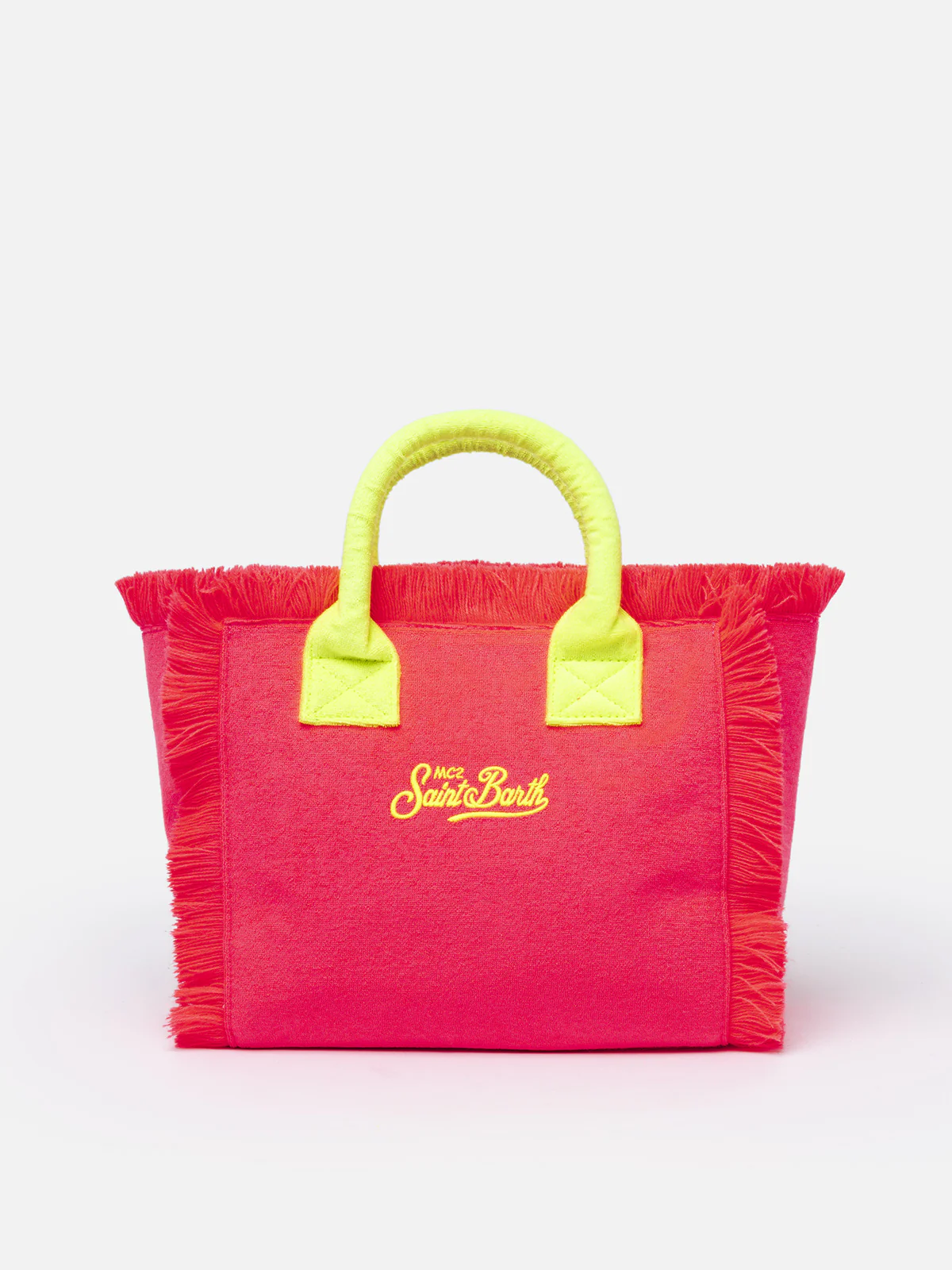 Colette Fuchsia Terry Handtas met Franjes | Geel Saint Barth Logo | Binnenflap met Metalen Rits | Binnenvak met Rits | 100% Katoen | MC2 Saint Barth