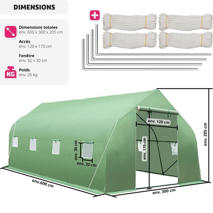 Serre de jardin - TECTAKE - Serre tunnel 27 m³ avec 8 fenêtres bâche résistante au gel et aux UVs 600 x 300 x 205 cm
