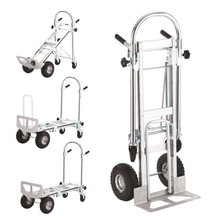 Carretilla de mano de aluminio 3 en 1 - carga máxima 250 kg - 2 ruedas giratorias - 2 ruedas inflables - Plataforma 45,5 x 18 cm