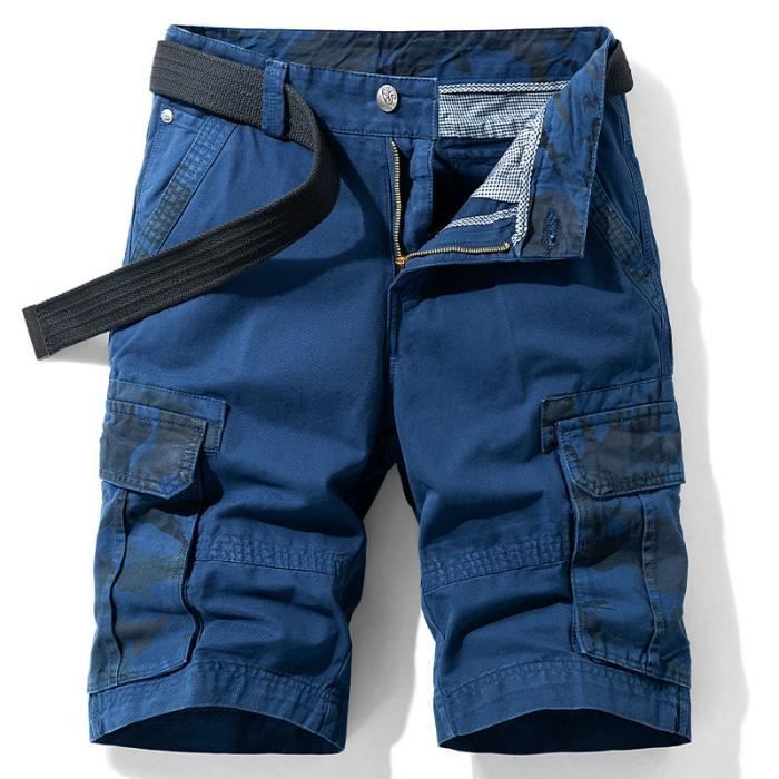 Bermuda Homme Cargo en coton Coupe droite Taille standard Multipoches Camouflage Sans ceinture - Bleu