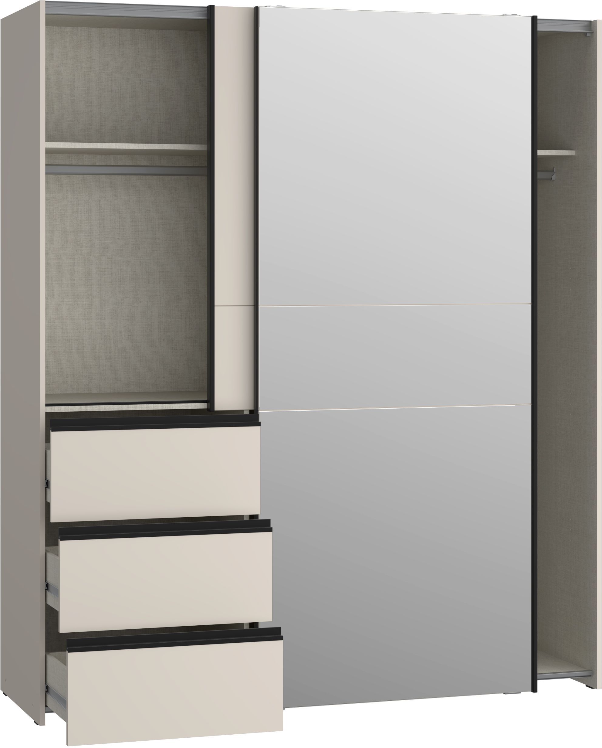 Armario - 2 puertas correderas, 3 cajones - Acabado arena y espejo - 170,3 x 61,2 x 200,5 cm (ancho x profundidad x alto) - WINN 2