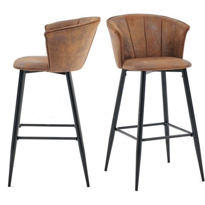 MEUBLES COSY Lot de 2 tabourets de bar industriels avec accoudoirs et dossier en suédine, pieds en métal noir - DONCIC BAR