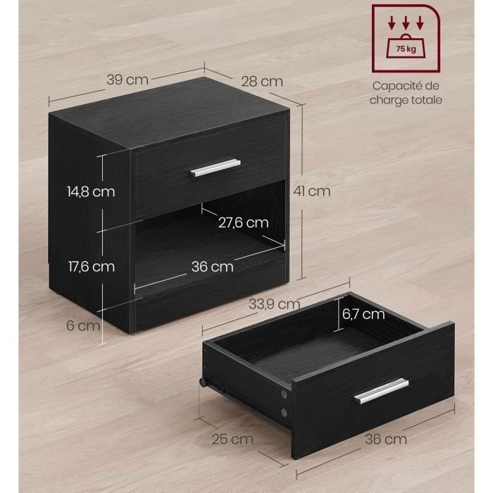 Set di 2 comodini con cassetto e scomparto a giorno, neri