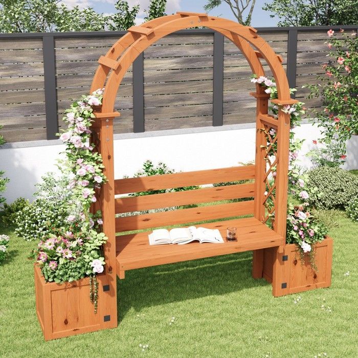 Jardinière avec treillis et siège pour plantes grimpantes, grand pot bac à fleurs pour jardin cour terrasse 160x30.5x160cm,Naturel