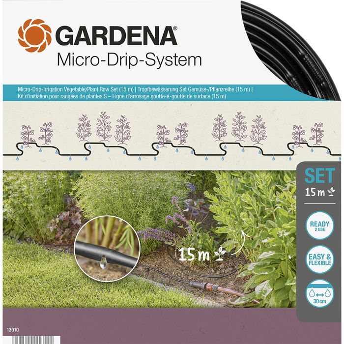Kit completo de irrigação por gotejamento GARDENA Micro-Drip® Tamanho P – Linha de irrigação até 100m – Sistema de autolimpeza - (13010-20)