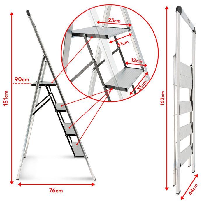 Oxeo – Ultradünne und ultraleichte Trittleiter, 100 % Aluminium – 4 Stufen – 5,5 cm dick