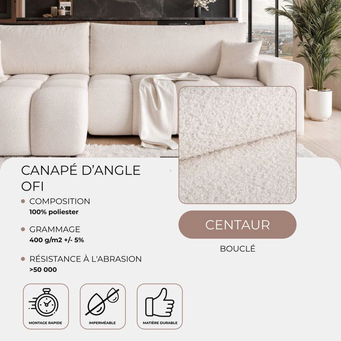 Sofá esquinero reversible OFI - 5 plazas - Sofá convertible con almacenamiento - Tejido suave al tacto - Color crema
