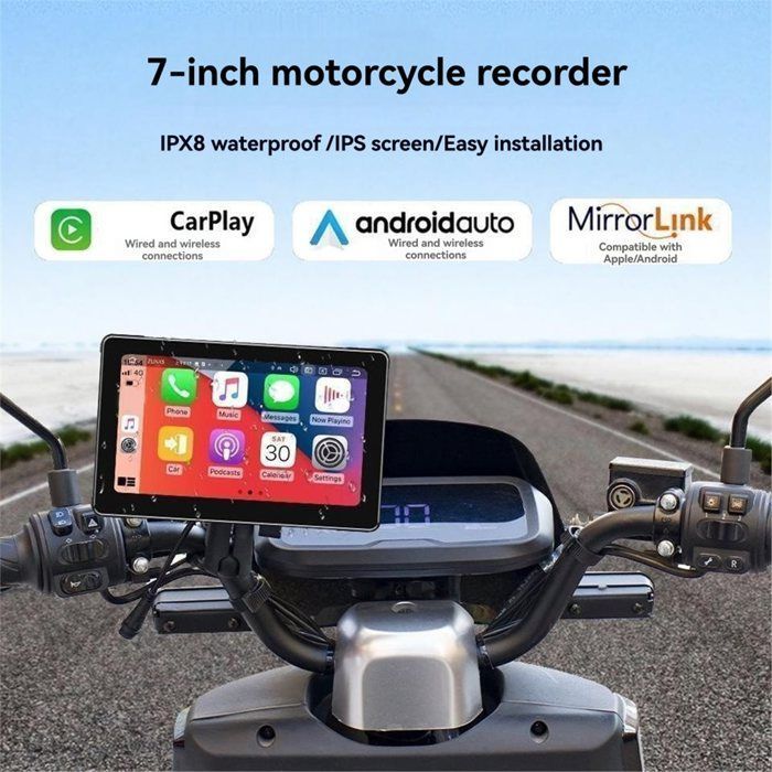 Pantalla de navegación portátil para motocicleta de 7 pulgadas, resistente al agua IPX8, compatible con CarPlay y Android Auto, pantalla inalámbrica, color negro.