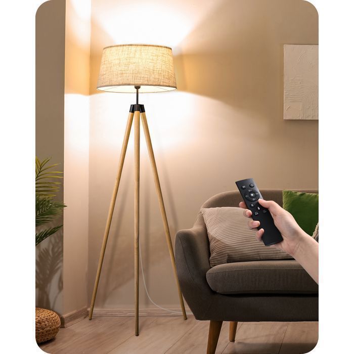 Lámpara de pie trípode de madera EDISHINE, con mando a distancia y pedal, bombilla regulable E27 incluida, 3000K - 6000K, pantalla de lino.