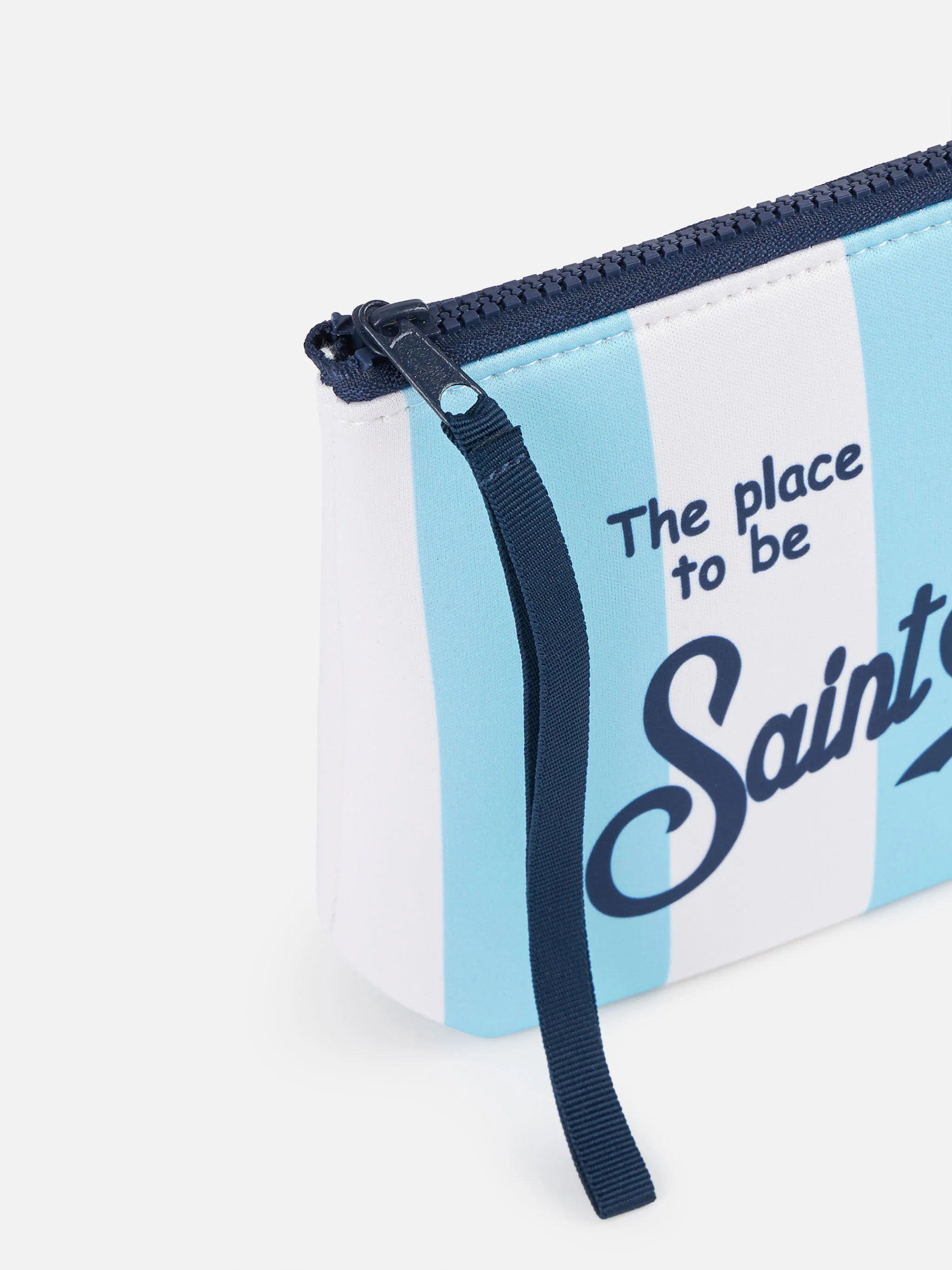 Pochette zippée Aline Scuba - Imprimé rayé bleu clair avec logo Saint Barth et languette | MC2 Saint Barth