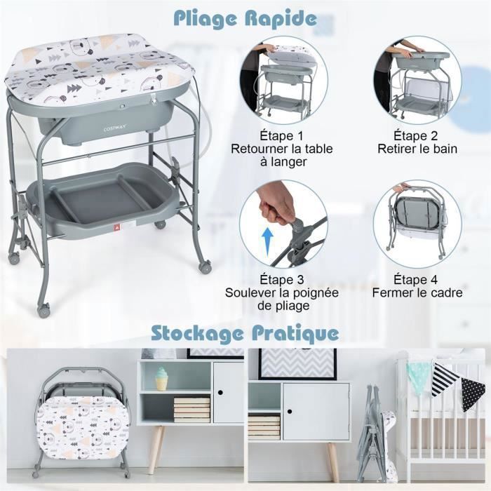 Cambiador plegable 4 en 1 para bebés COSTWAY con bañera (20 L) - 4 ruedas, manguera de 1 m, bandeja de almacenamiento, cojín de PVC impermeable - 35 kg - Gris