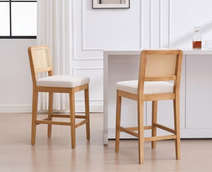 Set de 2 scaune de bar Chairus, scaune de bar din lemn, scaune cu spătar din ratan, scaune înalte de bar pentru bucătărie, chenilă, alb