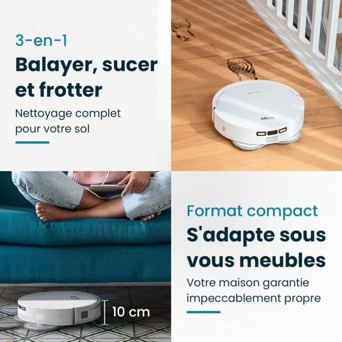 EZICLEAN All In One Z12 Ultra - Robot aspirateur laveur connecté avec base de vidage - 270 min - 14,4 V - 1,8 L - Blanc