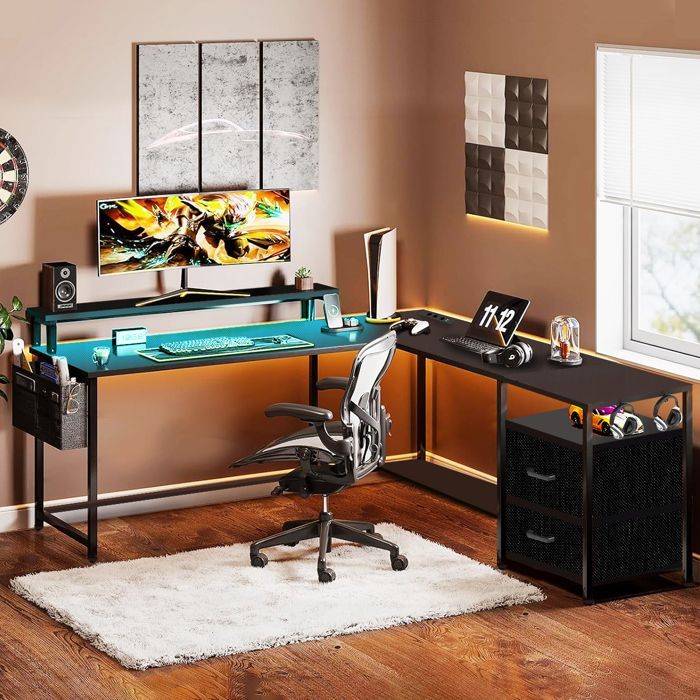 Bureau Gaming en Forme L-120x120x75CM-Bureau d'angle avec Étagères-Avec Support de Moniteur-2 USB+LED-3 Prises-2 Tiroirs-Noir