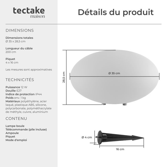 Lighting - TECTAKE - Globe lamp with LUMINOUS EYE LED bulb and remote control 12W - White - Size L 35 x 27.5 cm