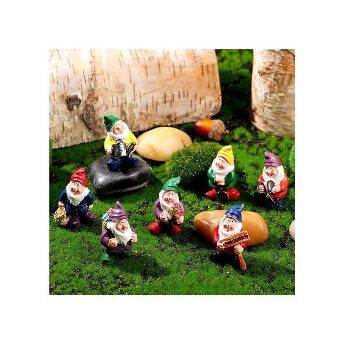 Set di 7 gnomi da giardino, statuette di gnomi fatati in miniatura, simpatici ornamenti a forma di gnomo per la decorazione di tavoli e giardini.