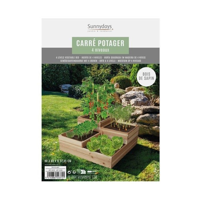 Raised garden bed 80x80 cm, 4 levels, natural wood