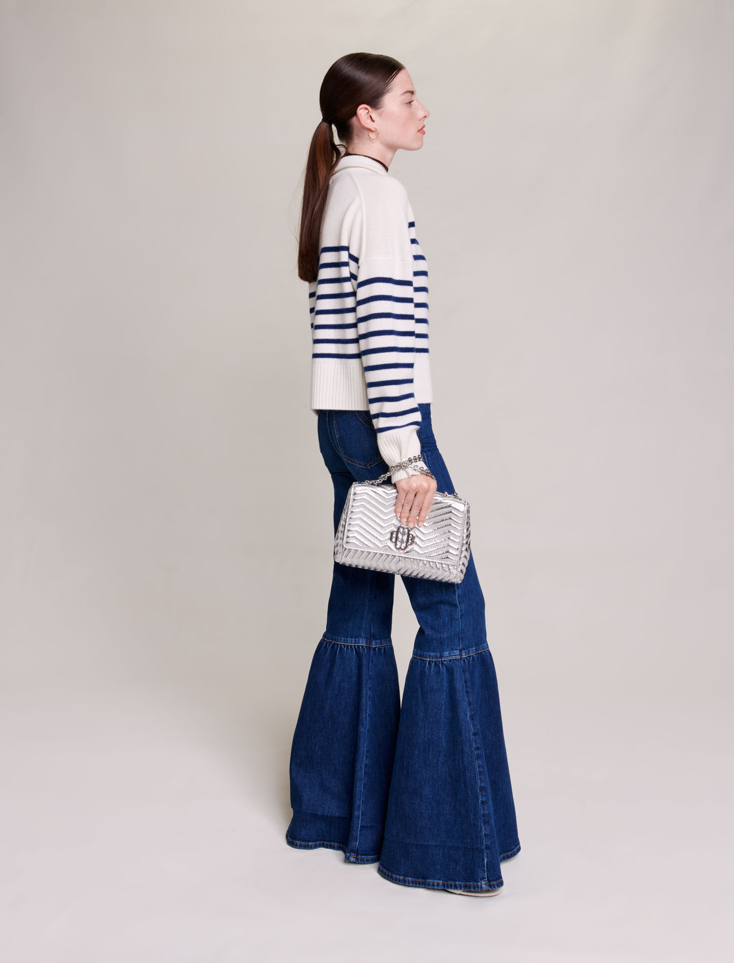 Gestreepte kasjmier trui - Marineblauw / Ecru