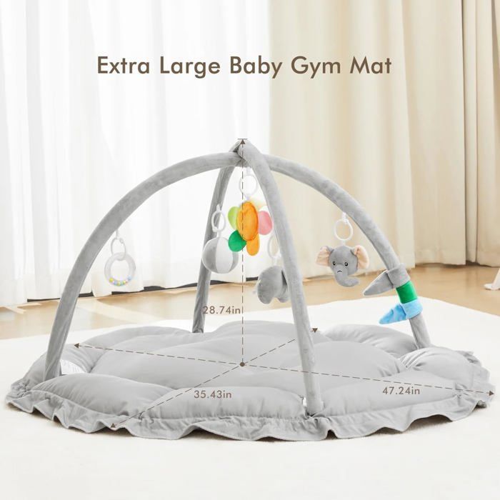 Alfombra de juegos acolchada y reversible para bebés – 120x90x73 cm – Cómoda, incluye juguetes sensoriales (gris)