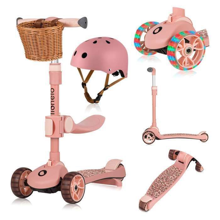 LIONELO Franky children's balance bike/scooter with helmet - Light-up wheels - Up to 50 kg - Basket - Foldable - Pink