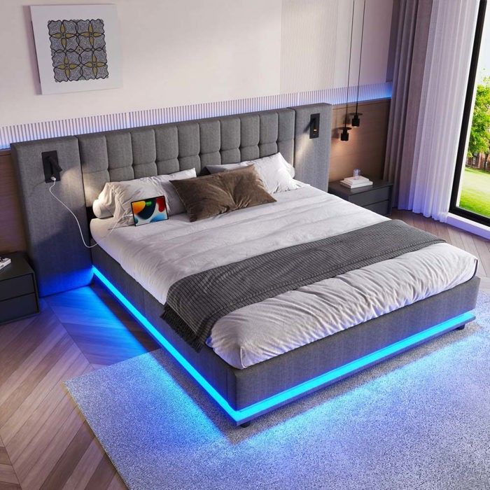 Cama de casal 180x200 cm com iluminação LED, cabeceira alta, estrado de ripas, roupa de cama, cinza.