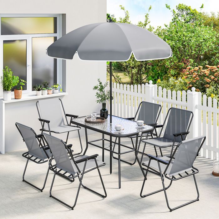 Salon de jardin extérieur - Outsunny - 8 pièces - avec parasol et 6 chaises pliantes - plateau verre trempé, structure acier - gris