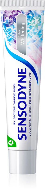 Creme dental Sensodyne Extra Whitening com flúor para dentes sensíveis.