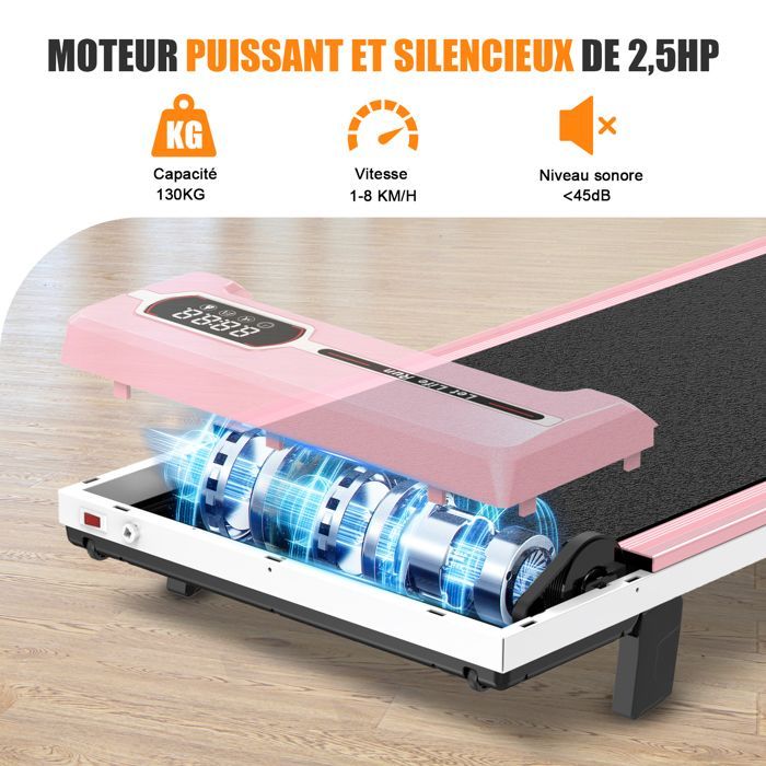 Tapis de course 1-8 km/h avec télécommande et écran LCD - Surface de course 92 x 38,5 cm Rose pour débutants