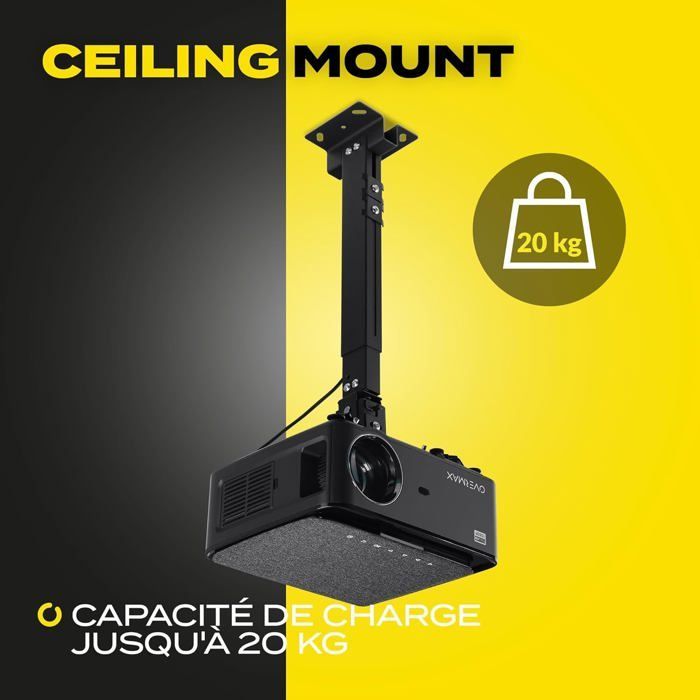 Support de Projecteur Plafond et Mural, Acier, Jusqu'à 20 kg, Longueur Réglable, Angle 25°, Structure Stable (Noir) .