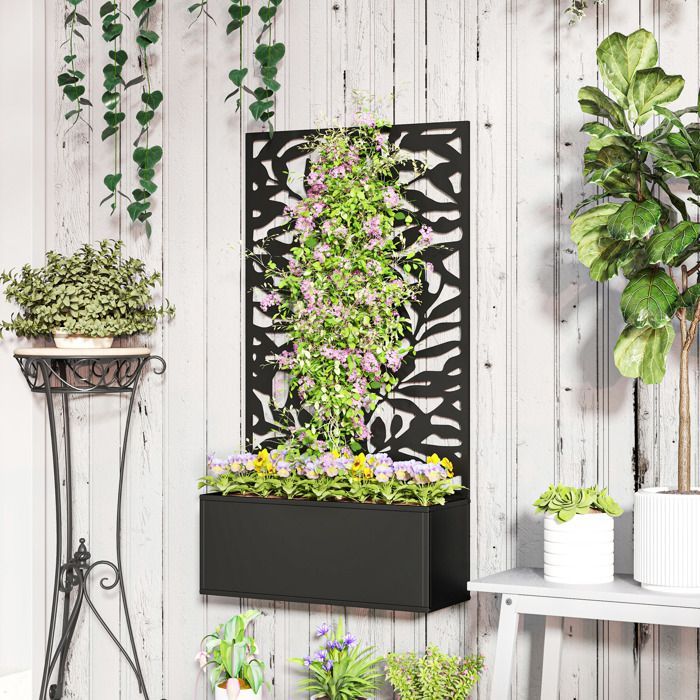 Macetero Outsunny con celosía como panel de privacidad, rectangular, de metal, 61 x 23 x 113 cm, negro.