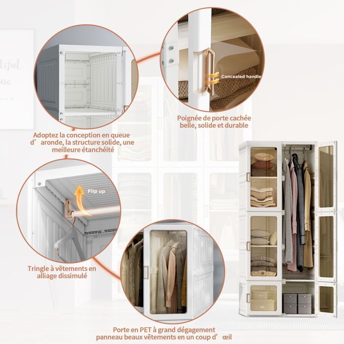 Armoire Chambre,Penderie Armoire de Rangement Garde-Robe,Meuble Rangement,6 Porte et 10 Compartiment 1 Tige Suspendue,Blanc