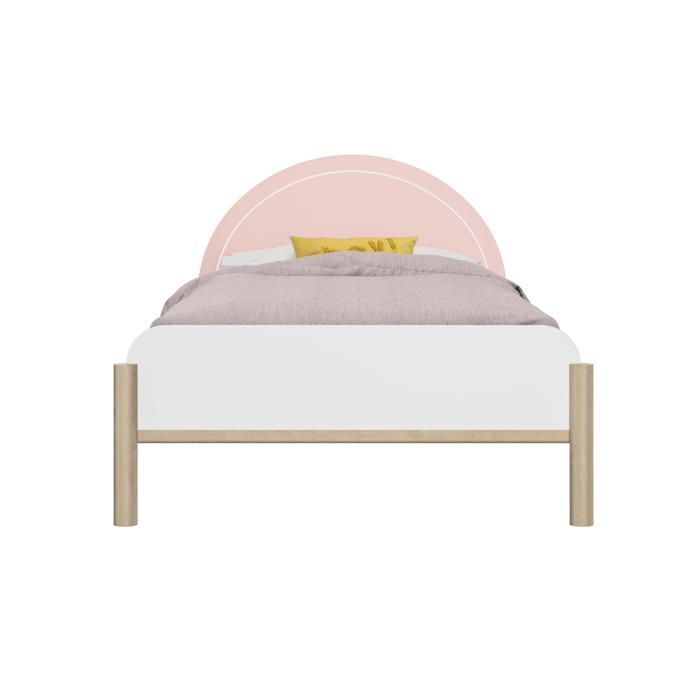 Cama de 90 cm x 200 cm con efecto madera, iluminación LED y cabecero rosa.