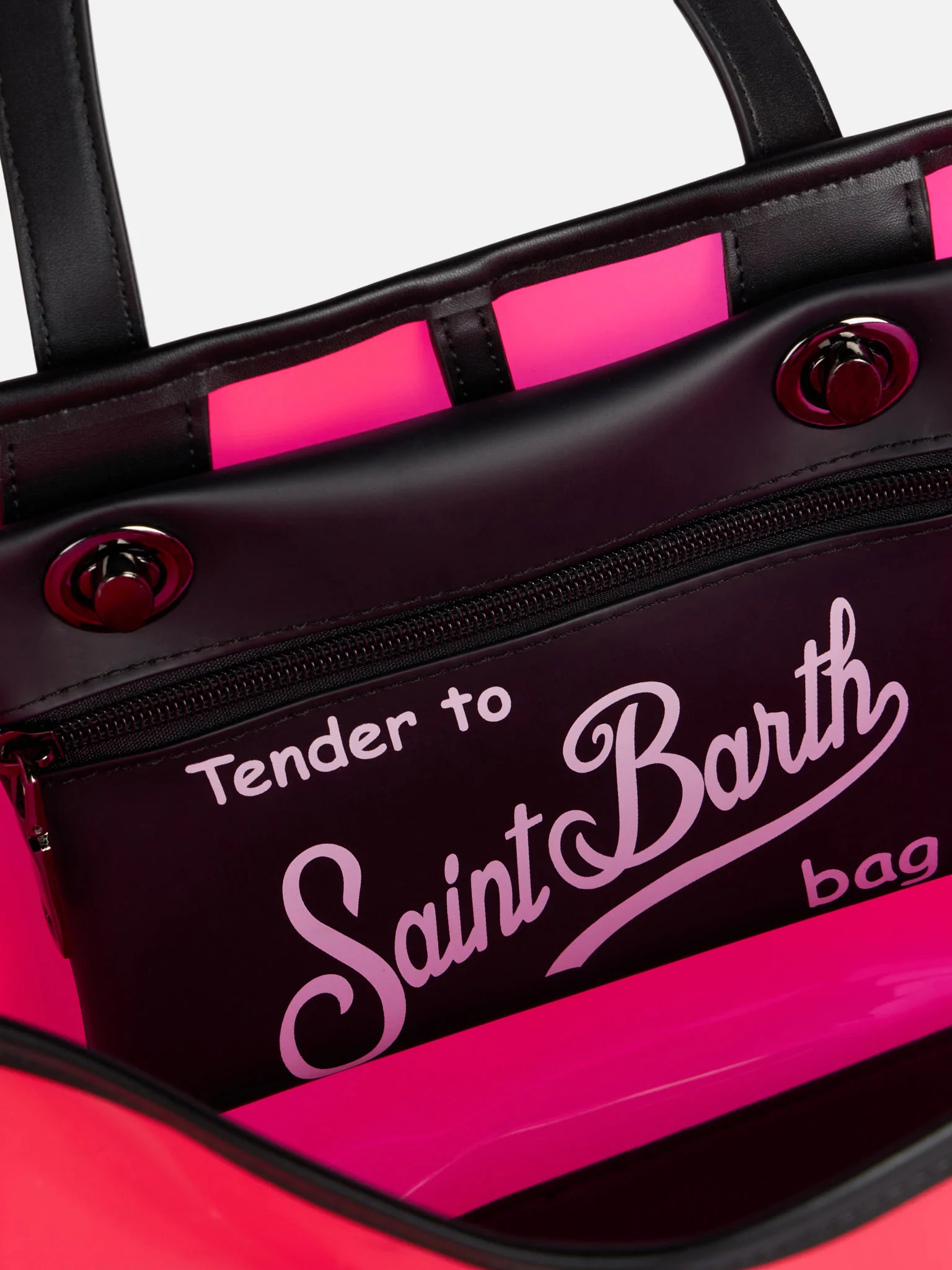 Roze transparante PVC strandtas met Summer Vibes-print.