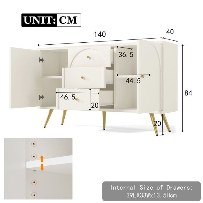 MODENUIT Commode 140x40x84 cm avec 3 tiroirs 2 portes rangement étagère réglable en bois blanc