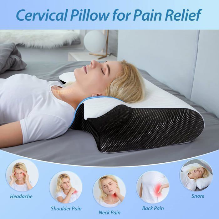 Almohada de espuma viscoelástica, soporte cervical ergonómico, para dormir de lado o boca arriba, 60x40x12/14cm, negra