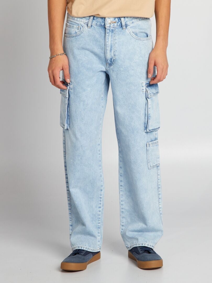 Calça jeans de pernas largas com bolsos - AZUL
